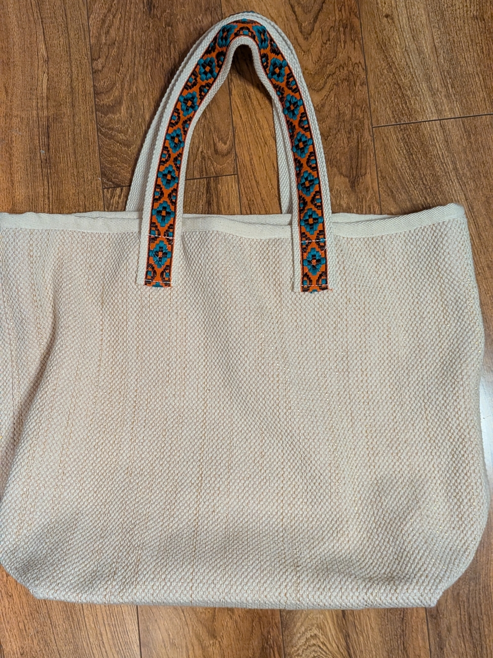 GAP Cream Woven Tote with Orange and Blue Patterned Handles